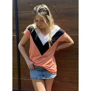 *Zenana Orange Chevron Color Block Casual Knit Short Sleeve Women's Top Small